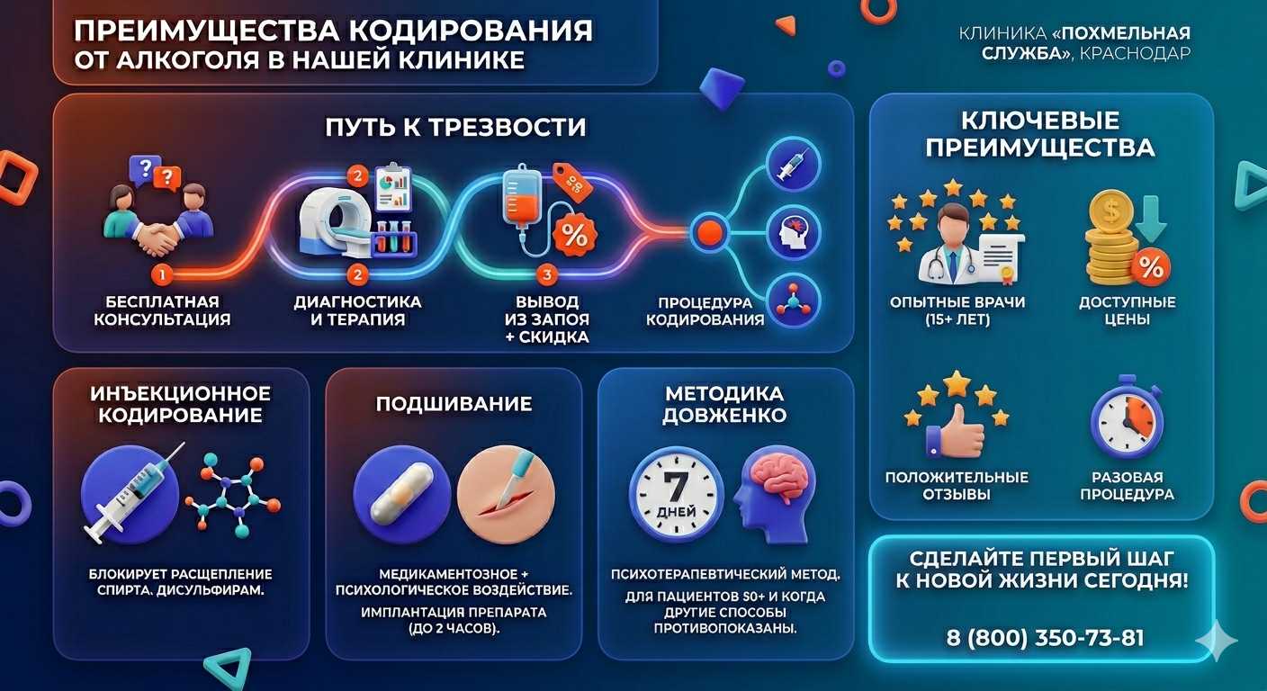 Инфографика о методах кодирования от алкоголя в Адлере: инъекции, подшивание, метод Довженко. Преимущества клиники и этапы лечения.