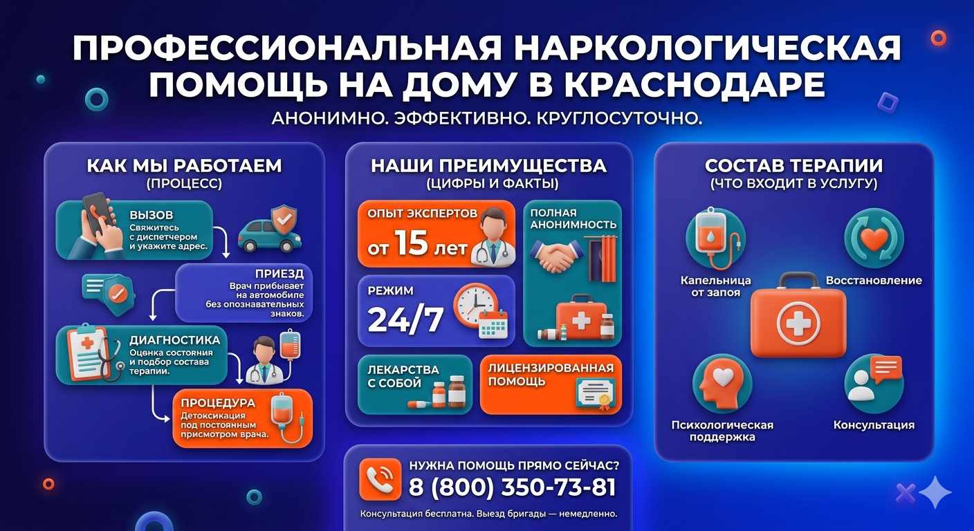 Инфографика о принципах лечения алкоголизма на дому в Адлере: этапы вызова нарколога, преимущества анонимной детоксикации и состав медицинской помощи.